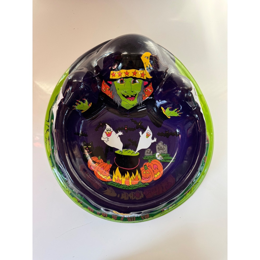 Vintage Halloween Witch Candy Bowl Plastic Serving Dish Ghosts Pumpkins Purple